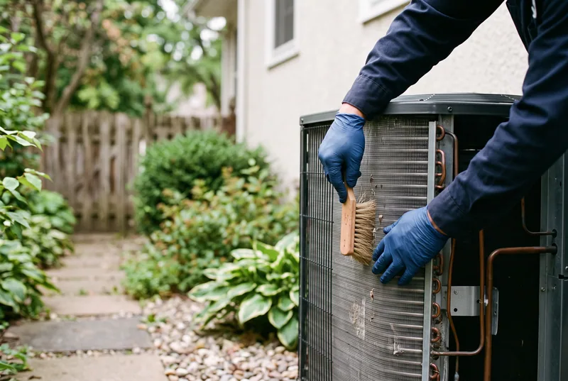 Gloved hands brushing the fins of an outdoor unit's coil
