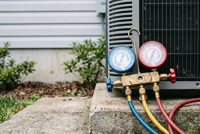 A refrigeration gauge set with blue and red dials beside an outdoor air conditioning unit