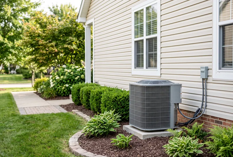 An outdoor air conditioning unit on a concrete pad beside a house with pale siding