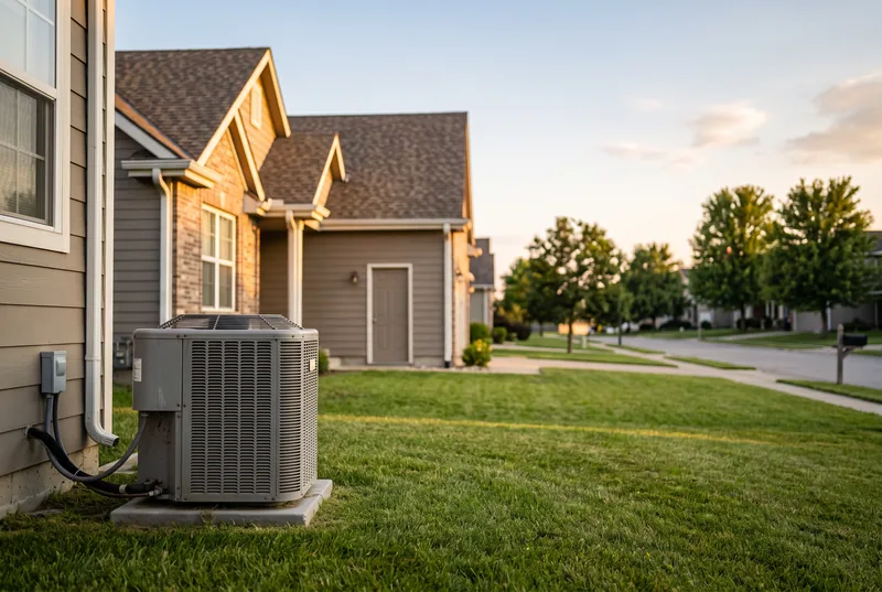 An outdoor air conditioning unit beside a suburban house in low evening sun