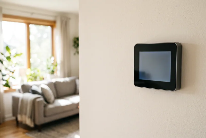 A smart thermostat mounted on a living room wall in daylight