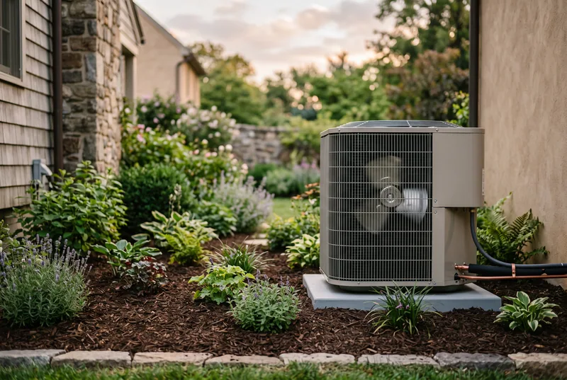 A clean outdoor unit on a level pad edged with fresh mulch and small plants