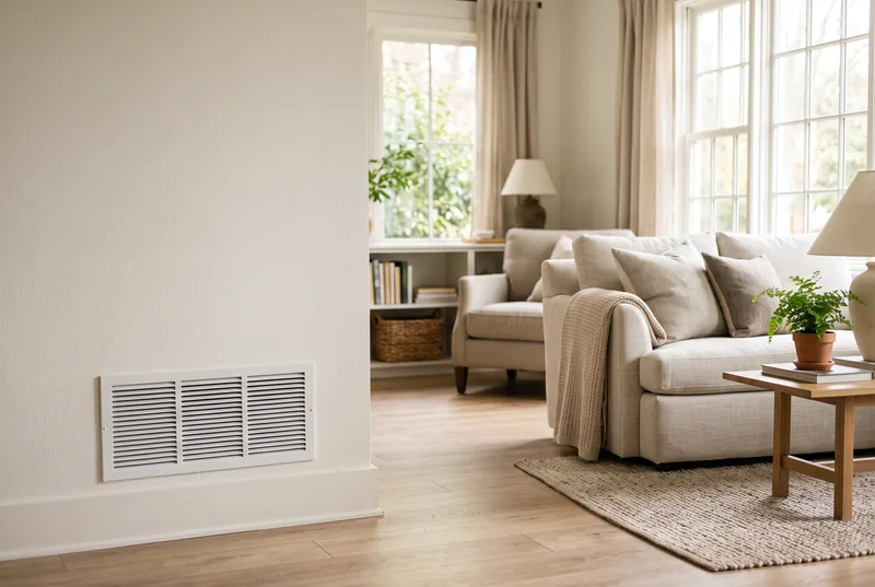 A bright, comfortable living room with a wall vent near the floor