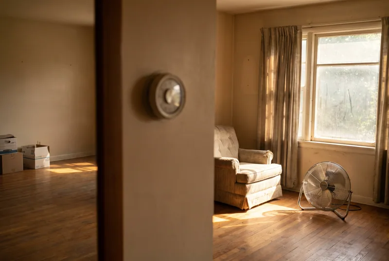 A sun-filled living room on a hot afternoon, a floor fan running and a thermostat on the wall