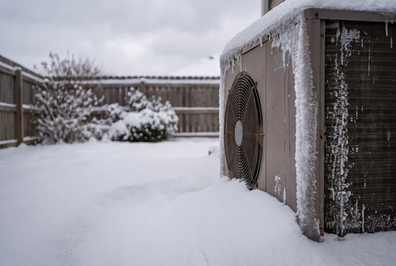An outdoor heat pump half buried in snow, with ice along one edge